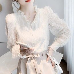 Women's Blouses Women White Long Sleeve Lace Blouse Sexy Shirt Korea Style Elegant OL Office Outfit Top Sweet