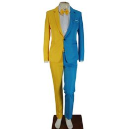 Men's Irregular Yellow Blue Patchwork Color Suits Magician Clown Performance Stage 2 Piece Outfits Blazers Pants Set Banquet Wedding Party Host Tuxedo Costume