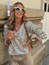 Fashion Sequins Glitter Loose Sweaters For Women Sexy V Neck Long Sleeve Wram Jumper Tops Office Ladies Weam Commute Pullover 231221