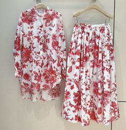 Two piece dress European Fashion band red butterfly printed cotton long sleeve shirt with long skirt