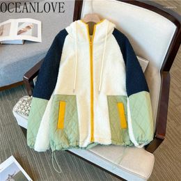 Women's Trench Coats OCEANLOVE Autumn Winter Jackets For Women Lamb Wool Contrast Color Thick Warm Parkas Ins Fashion Chaquetas Mujer