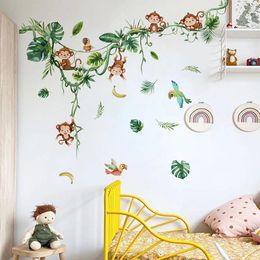 Jungle Monkey Playing on Vine Green Plant Wall Decals Animals Peel and Stick Stickers Baby Nursery Kids Room Decor 231220