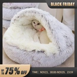 Winter Long Plush Pet Cat Bed Round Pet Mattress Warm Comfortable Basket Cat Dog 2 in 1 Sleeping Bag Nest for Small Dogs 231221