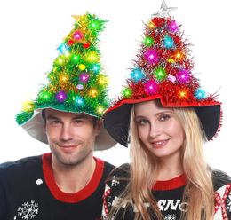 Adults Kids Blinking Glowing Christmas Tree Hats Santa Hat with Tinsel LED Colourful Lights Star Year Costume 231220