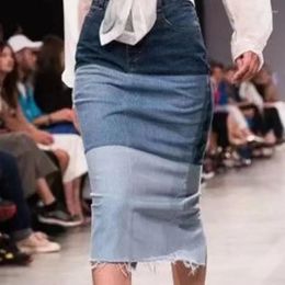 Skirts VANOVICH European And American High Street Contrast Colour Split Denim Skirt Fashion Temperament Waist Slim Washed Long