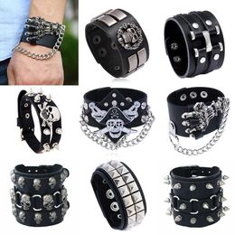 Beaded Diverse Styles Skull Skeleton Chain Spikes Rivet Stud Wide Cuff PU Leather Punk Gothic Rock Unisex Bracelet Men Jewelry BraceletL231221