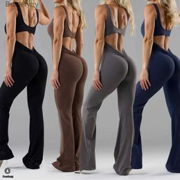 Active Sets 2024 S-XL Nylon Women Gym Yoga Set Sports Rompers Deep V Back Fitness Workout Pant Flare Leggings One Piece Jumpsuit Active WearL231221