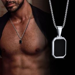 Geometric Black Enamel Necklaces for Men, Waterproof 14K White Gold Square Pendant Necklace, Simple Fashion Casual Male Collar