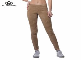 Bella Philosophy 2018 autumn winter faux suede leggings fold high waist retro elastic stretchy slim women pencil pants plus size S1976054