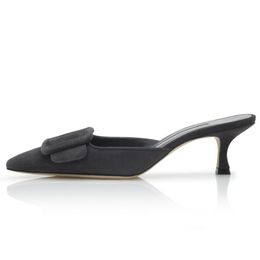 Famous Women Sandals MAYSALE 50 mm Pumps Charcoal Black Suede Kitten Heel Mules Italy Luxurious Slingback Pointed Toes Designer Banquet Sandal High Heels Box EU 35-43