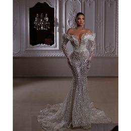 Evening Dresses Luxury Mermaid Dresses Long Sleeves V Neck Beaded Appliques Sequins 3D Lace Hollow Pearls Floor Length Prom Dress Form Dhlbl