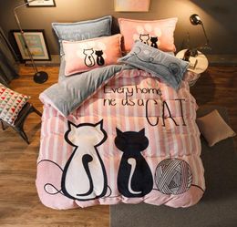 Luxury Bedding Set Flannel Cartoon Pink Cat Duvet Cover Set Queen Size Bed Linen Valentine Cute Bed Sheet Kids Bedding T2007062403403