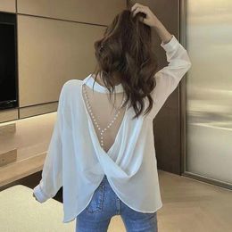 Women's Blouses 2023 Sexy Backless Beaded Women Club Party Shirts Casual Long Sleeve See Through Blouse Summer Fashion Loose Top Female