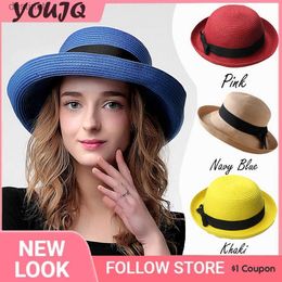 Wide Brim Hats Bucket Hats INS Curl Wide Side Beach Sun Hat Women's Summer Collapsible Fisherman Sunscreen Basin Cap Summer Bow Straw Hats for WomenL231221