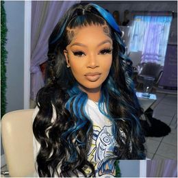 Synthetic Wigs 13X4 Lace Front Blue Highlight Black Wigs Transparent Frontal Wig Brazilian Simation Human Hair Body Wave For Drop Deli Dhbak