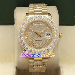 44mm Day Date A2813 Automatic Mens Watch Big Diamond Bezel Gypsophila Dial Rome Markers 18K Yellow Gold Steel Bracelet Watches Tim217H