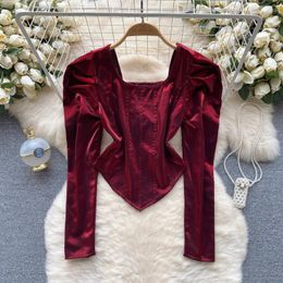 Women's Sweaters Vintage Puff Sleeve Long Folds Blouse Elegant Korean Fashion Sexy Spring Summer Women Shirt Square Collar