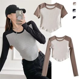 Women's T Shirts European And American Sexy Short Cropped Colour Matching Long-Sleeved T-shirt Girl Skinny Slimming Curved Hem Bottoming Top