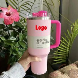 Cosmo Pink Parade Flamingo 40oz H2.0 Stainless Steel Tumblers Cups with Silicone handle Lid And Straw Watermelon Moonshine Car mugs Water Bottles 0130