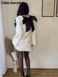 Sexy Sequined Bowknot Tieback Mini Dres Elegant Oneck Long Sleeve Skirt Female Fashion High Waist Bodycon Party Skirts 231220