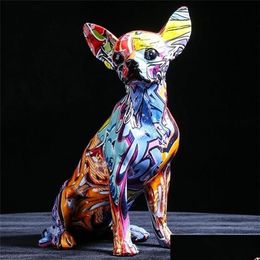 Decorative Objects Figurines Creative Color Chihuahua Dog Statue Simple Living Room Ornaments Home Office Resin Scpture Crafts Sto215q