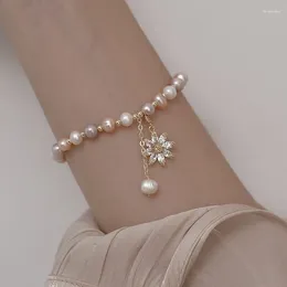 Strand Minar Korean Style Contrasted Freshwater Pearl Bracelet For Women 14K Real Gold Plated Copper CZ Zircon Flower Charm Bracelets