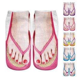 Women Socks 3D Pattern Manicure Print Flip Flop Funny Hidden Running Low Cut Ankle Suit 5pc
