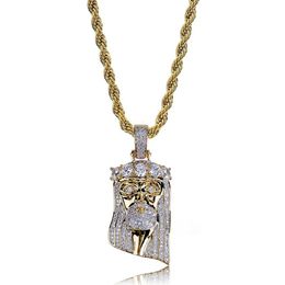 Fashion Copper Gold Color Plated Iced Out Jesus Face Pendant Necklace Micro Pave Big CZ Stone Hip Hop Bling Jewelry256i