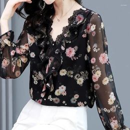 Women's Blouses Spring Summer Elegant Stylish Floral Printed Long Sleeve Blouse Clothing Sexy Vintage Lace Spliced V-Neck Shirt