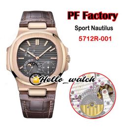 New PFF 40mm Sport 5712R-001 5712 Mechanical Hand Winding Mens Watch Moon Phase Power Reserve Gray Dial Rose Gold Brown Leather he255g