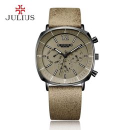 JULIUS Real Chronograph Men's Business Watch 3 Dials Leather Band Square Face Quartz Wristwatch Watch Gift JAH-098227A