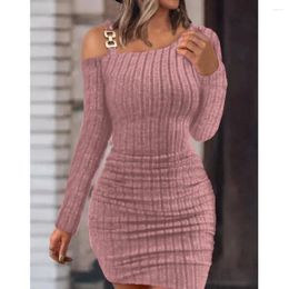 Casual Dresses 2023 Autumn Sexy One Shoulder Bodycon For Women Chain Skew Neck Long Sleeve Solid Mini Rib Knit Party Dress Vestidos