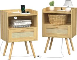 Furniture SUPERJARE Nightstands Set of 2, Night Stands with Charging Station & PE Rattan Decor Drawer, Bed Side Tables with Solid Wood Feet,