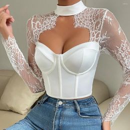 Women's Tanks Mesh Fishbone Slim Long Sleeve Crop Top Solid Lace Patchwork Skinny Corset Tops Elegant Female Hollow Out Bustier Mujer