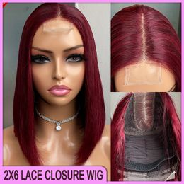 Wholesale Price Malaysian Peruvian Indian Wine Red 100% Raw Virgin Remy Human Hair Silky Straight 2x6 Transparent lace closure Bob Wig