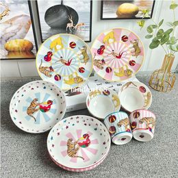 Ceramic Tableware Suit Cartoon Animals Style Plate Cups and Saucers Rice Bowl For Children Use Dining Sets Circus tableware250F