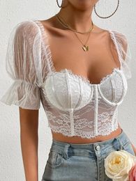 Women's T Shirts French Vintage Corset Crop Tanks Tops Lace Floral Women Mesh Sheer Sexy Bustiers Short Sleeve Party Slim Tees
