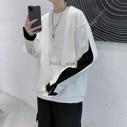 Men's T-Shirts Autumn Winter Long Sleeve Men T Shirts Clothes Black White Patchwork Fake Two Cool Fashion Tops Oversized Korean Style Side SlitL2404