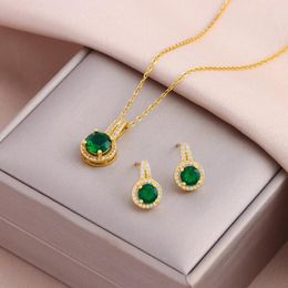 Pendant Necklaces Vintage Style Green Water Drop Earrings For Women Female Daily Wear Stainless Steel Clavicle Chain Jewellery Set