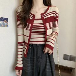 Women's Knits Retro Striped Knit Two-piece Set Spring And Autumn Sexy Short Suspender Jacket Cardigans Women Clothing Cropped Sweaters