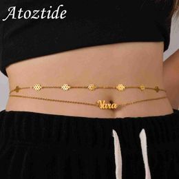 Waist Chain Belts Atoztide Personalised Custom Names Zircon 2 Layer Waist Chain for Women Stainless Steel Sexy Bo Chain Birtay Jewerly GiftL231221