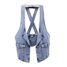 Women's Vests Vintage Blue Sling V Neck Big Pocket Denim Vest Women Waistcoat Cowboy Sleeveless Jacket Slim Short Student Jeans Female