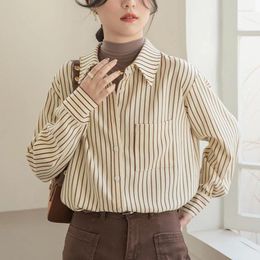 Women's Blouses Striped Women Shirt Polo-Neck Long Sleeved Blouse Thick Corduroy Clothing Fashion Elegant Womens Tops Shirts For