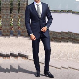 Men's Suits Navy Blue Terno Single Breasted Peaked Lapel Chic 2 Piece Jacket Pants Slim Fit Ropa Hombre Customised Blazer 2024