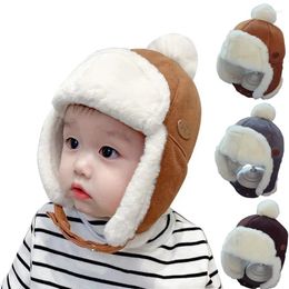 Berets Winter Children Warm Ear Protection Knitted Hats Boys Girls Solid Colour Padded Thickened Wool Cap Kids Ski Riding Suede Hat