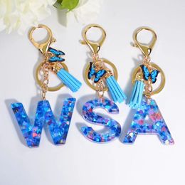 Keychains Letter With Blue Love Crystal Women Handbag Pendant Glitter Resin Key Chains Butterfly Tassel Rings Jewellery Gift