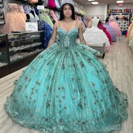 Mint Green Quinceanera Dresses Flower Tulle Beading Off The Shoulder Party Dress Appliques Beads Lace Up Court Train Prom Ball Gown