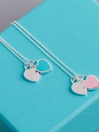 2024 DesignerT-home Love Necklace Women 925 Sterling Silver Red Heart Oil Dripping Enamel Blue Collar Chain Double Pendant 1