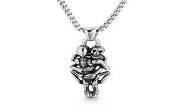 Mens Womens Stainless Steel Vintage Hugging Skull Skeleton Pendant Love Gothic Necklace Rolo Chain 3mm 24 inch1197953