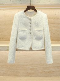 Women's Jackets Early Autumn Women White Short Coat Elegant Tweed Long Sleeve Round Neck 2023 Female Single Breasted